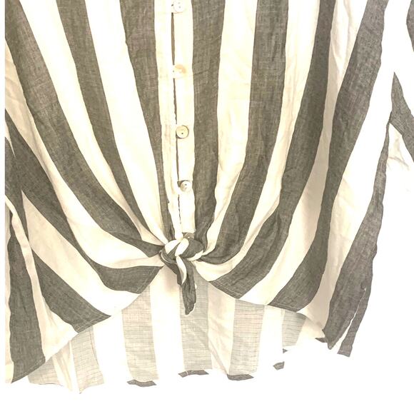 French Laundry Boyfriend Shirt 2X Gray White Stripe Button Up V Neck Lagenlook - Picture 8 of 11